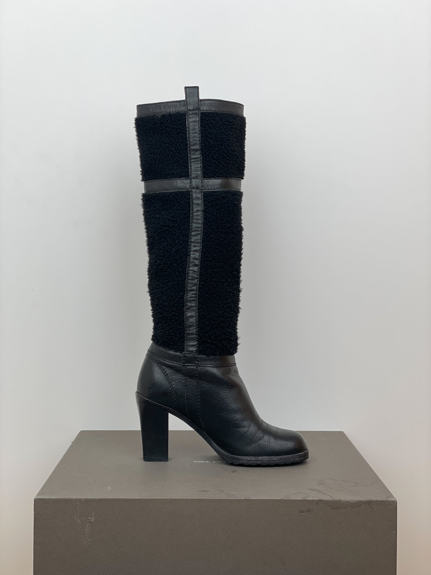 Celine Knee-High Shearling ‘Claude’ Biker Heel Boots