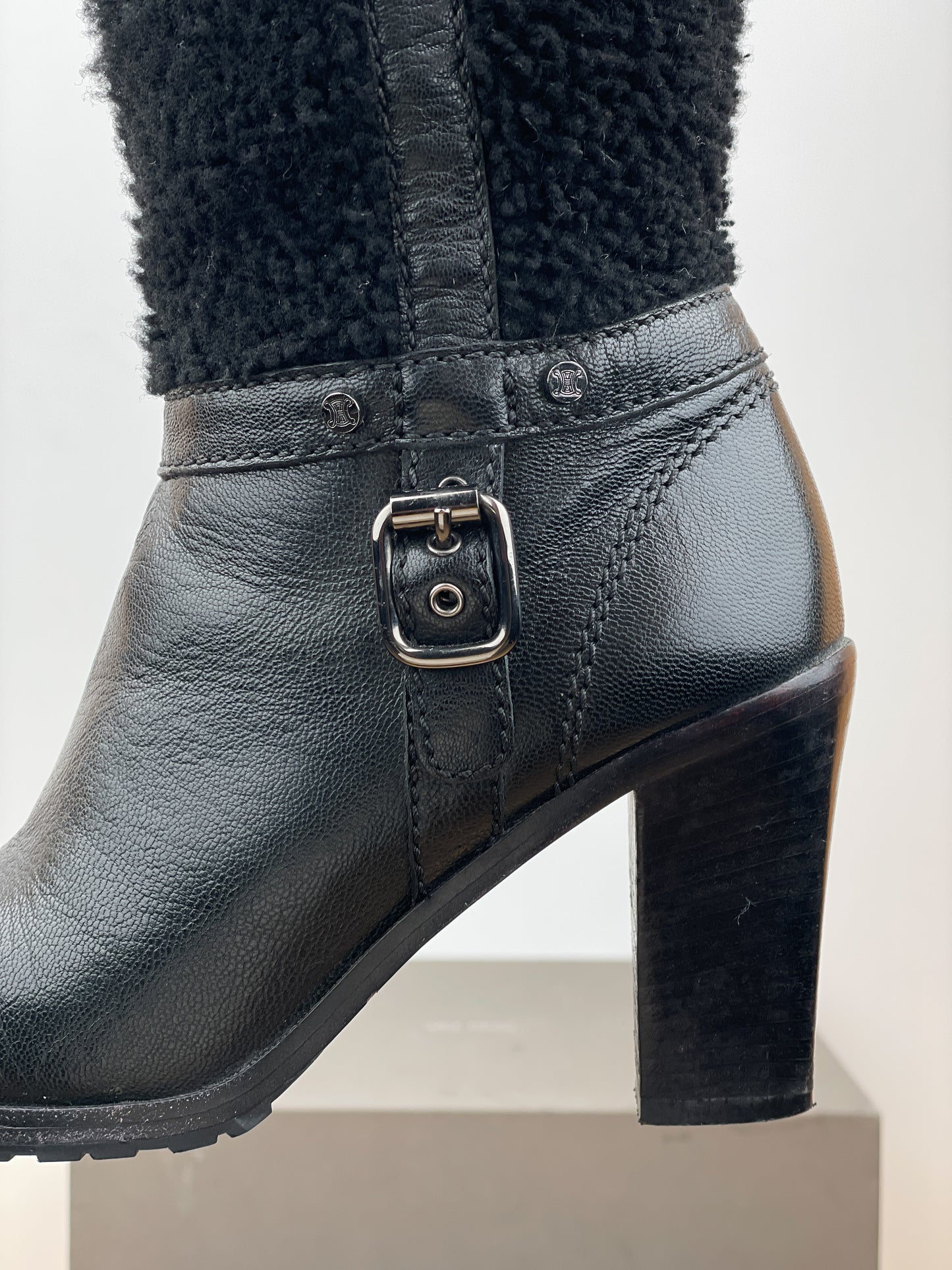 Celine Knee-High Shearling ‘Claude’ Biker Heel Boots