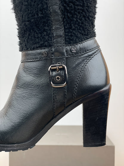 Celine Knee-High Shearling ‘Claude’ Biker Heel Boots