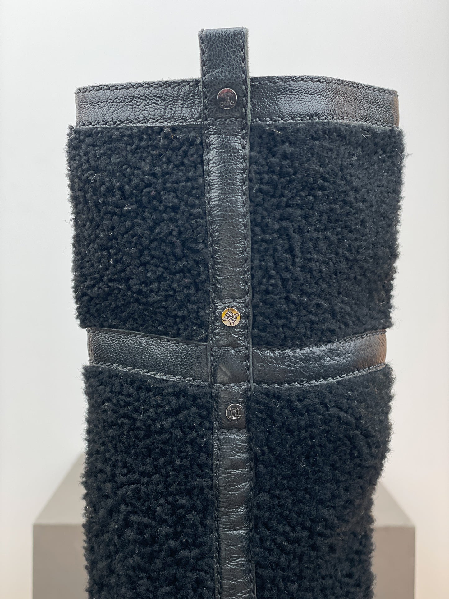Celine Knee-High Shearling ‘Claude’ Biker Heel Boots