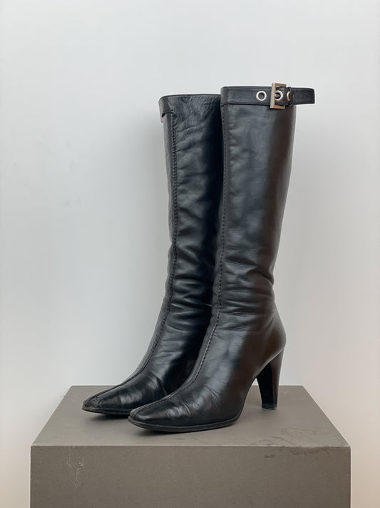 Prada 2000s Knee-High Pointed-Toe Buckle Heel Boots