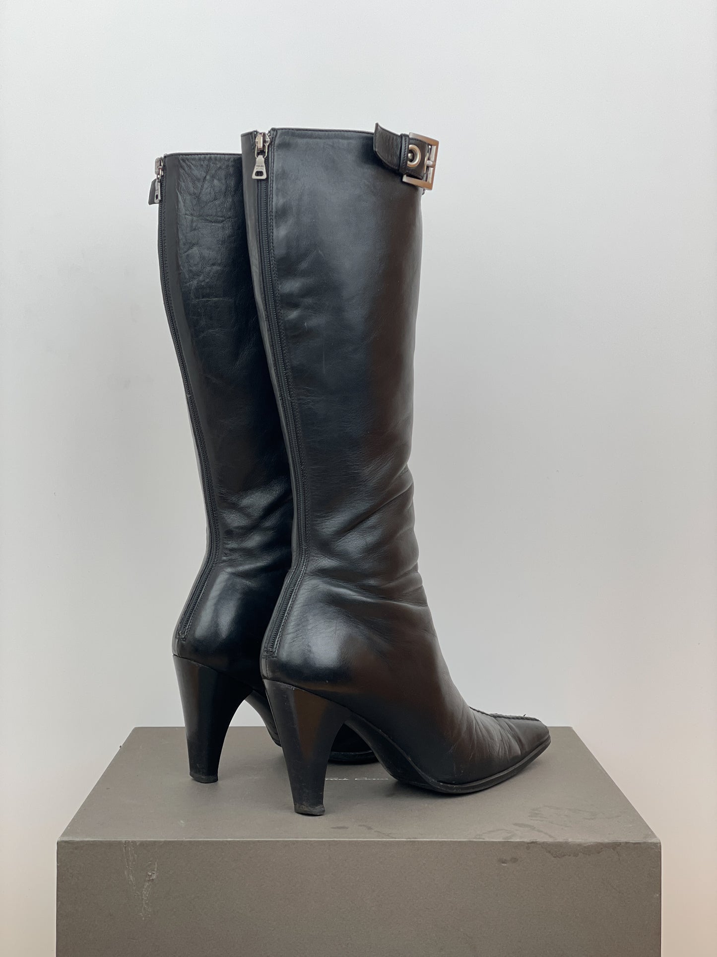 Prada 2000s Knee-High Pointed-Toe Buckle Heel Boots