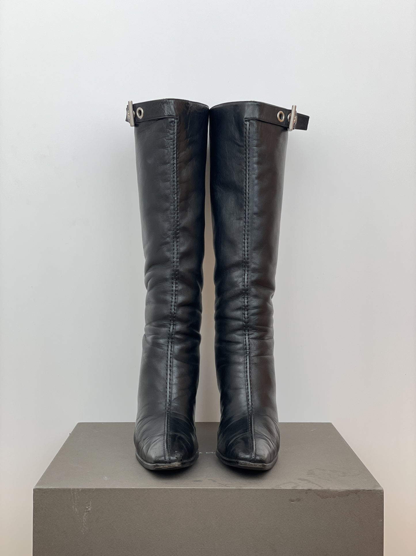 Prada 2000s Knee-High Pointed-Toe Buckle Heel Boots