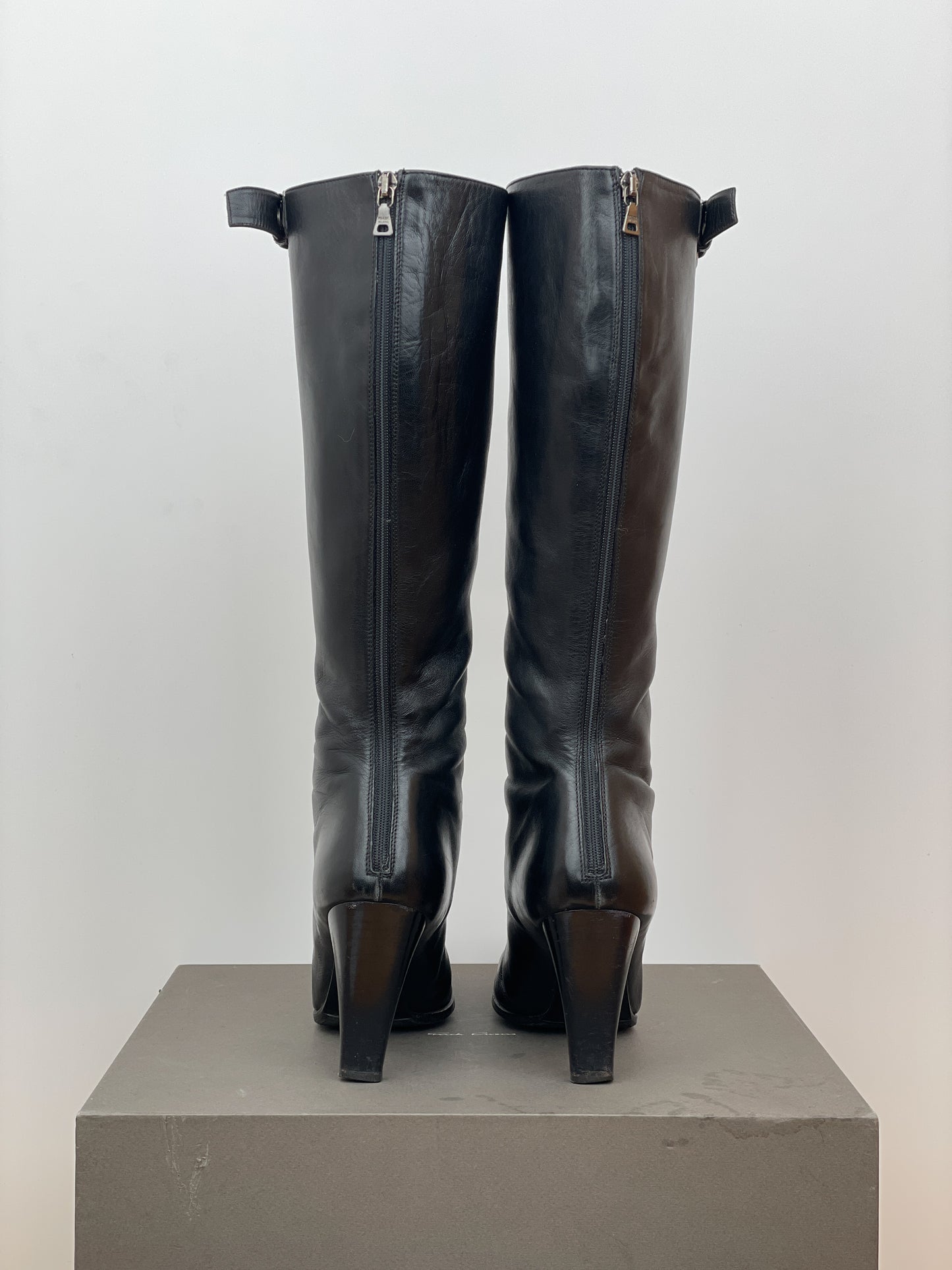 Prada 2000s Knee-High Pointed-Toe Buckle Heel Boots