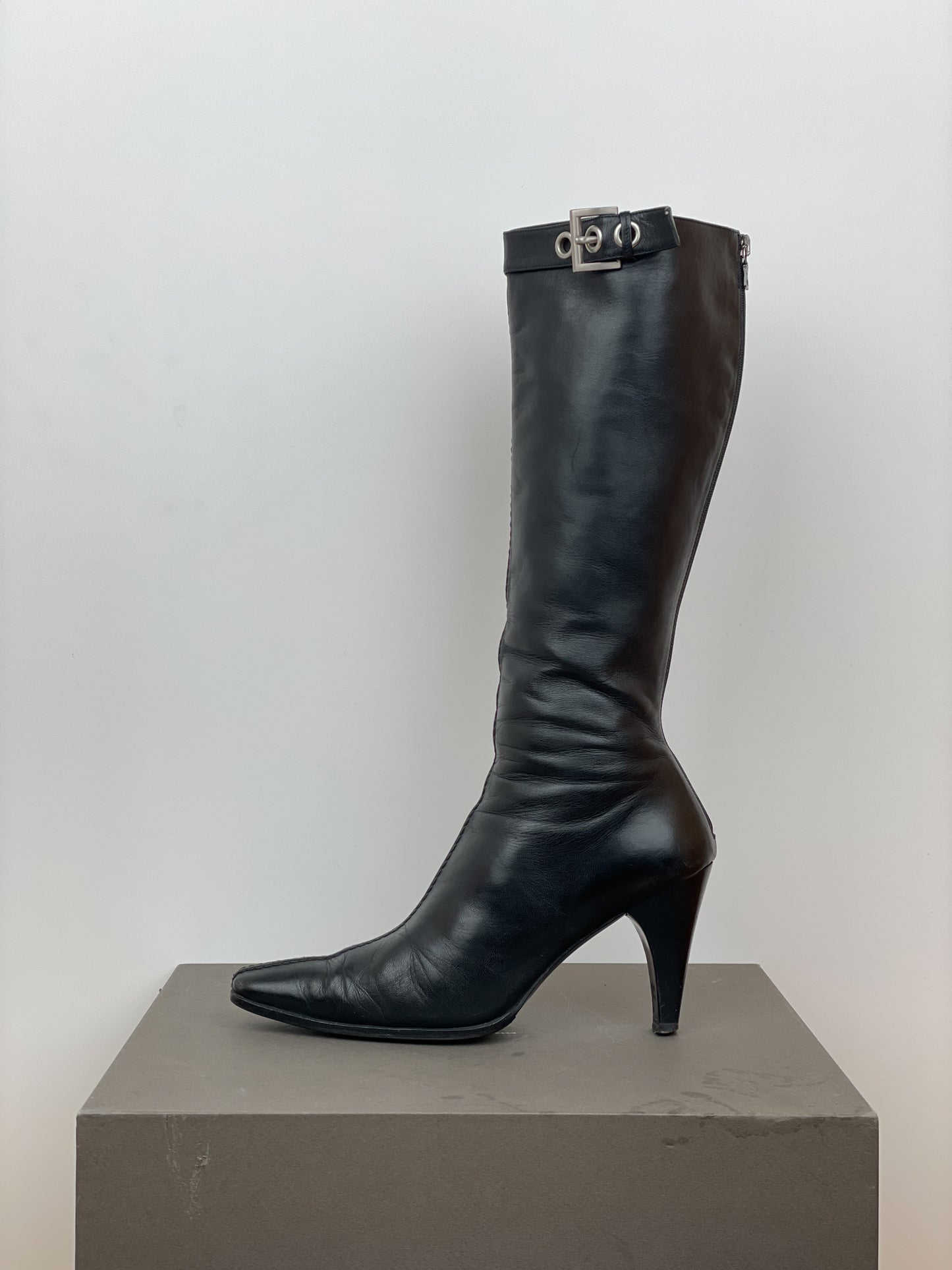 Prada 2000s Knee-High Pointed-Toe Buckle Heel Boots