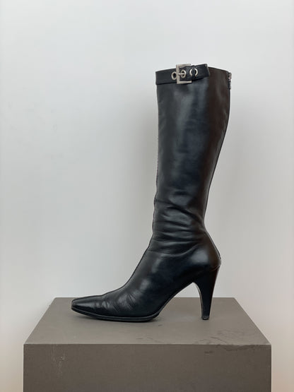Prada 2000s Knee-High Pointed-Toe Buckle Heel Boots
