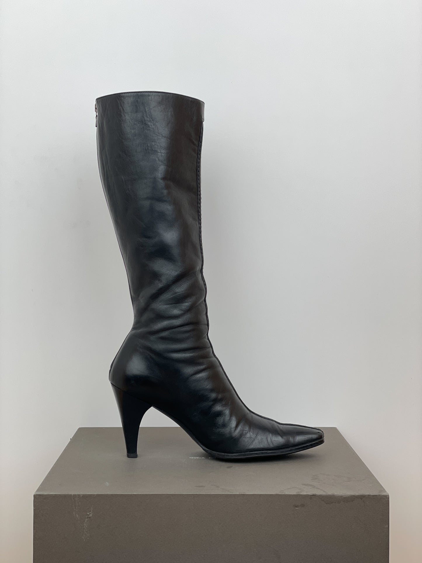 Prada 2000s Knee-High Pointed-Toe Buckle Heel Boots