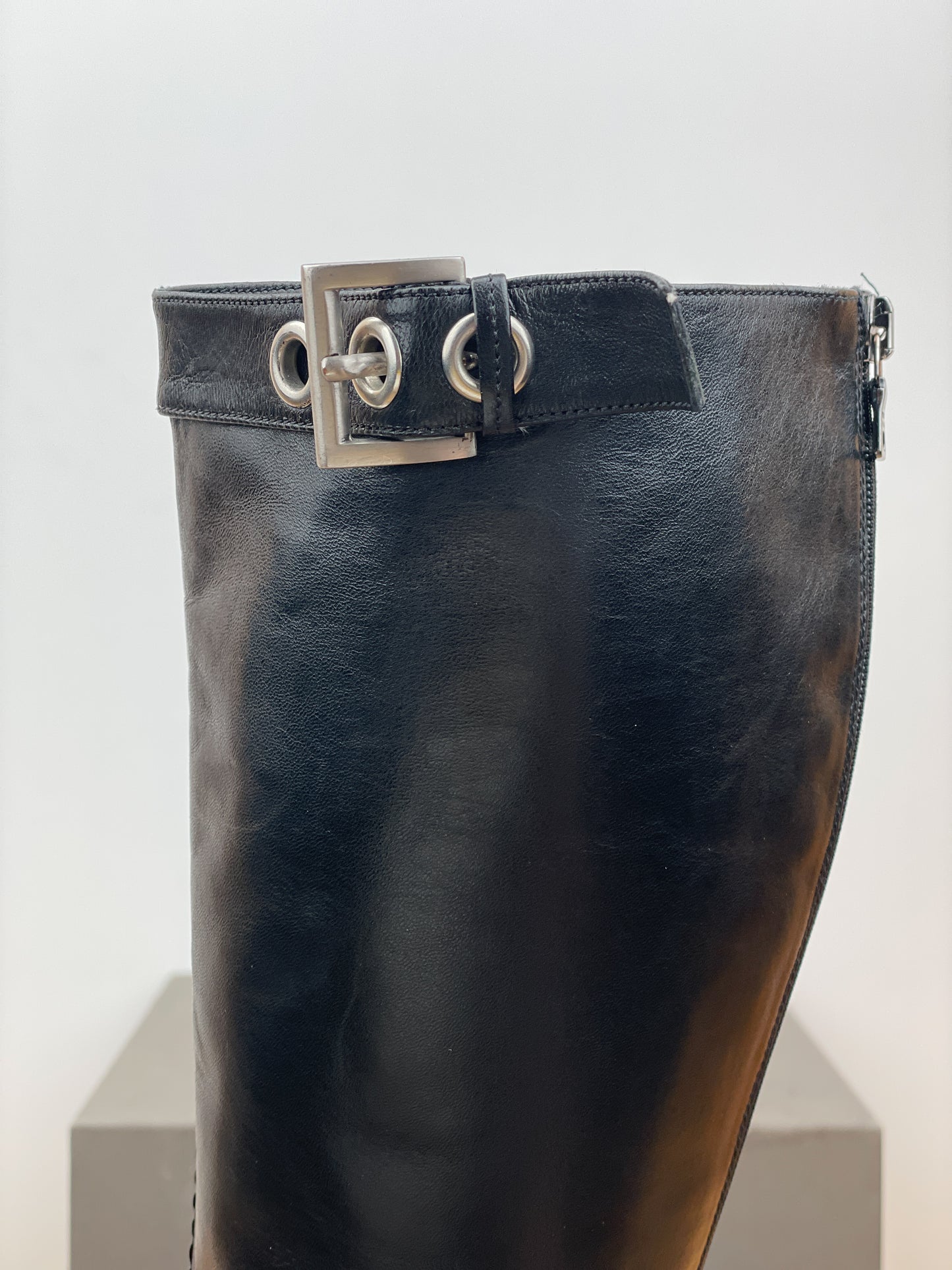 Prada 2000s Knee-High Pointed-Toe Buckle Heel Boots