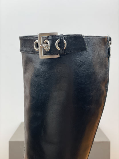 Prada 2000s Knee-High Pointed-Toe Buckle Heel Boots