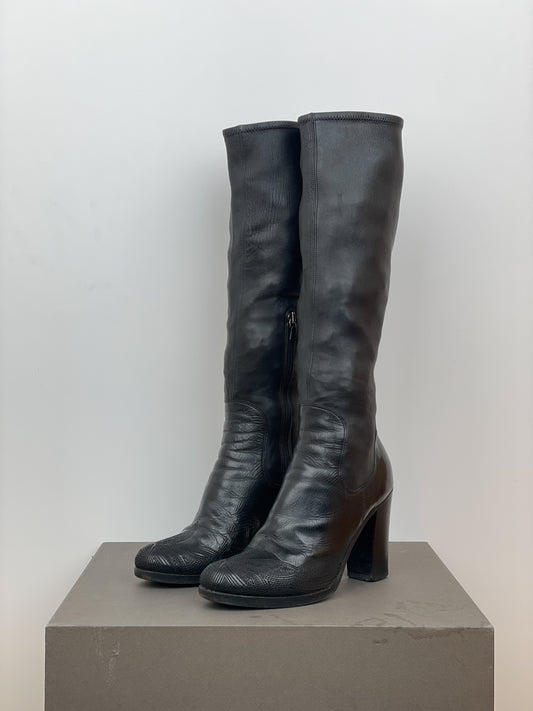 Prada AW06 Knee-High Embroidered Leather Heel Boots