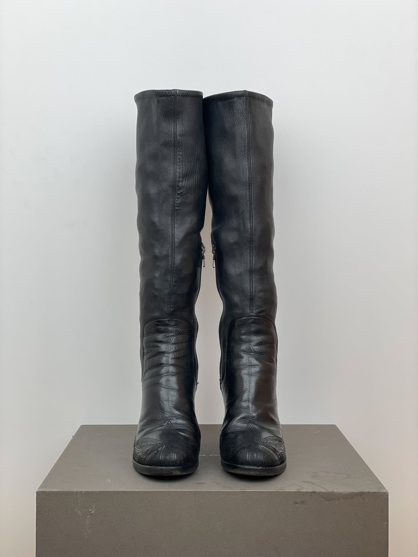 Prada AW06 Knee-High Embroidered Leather Heel Boots
