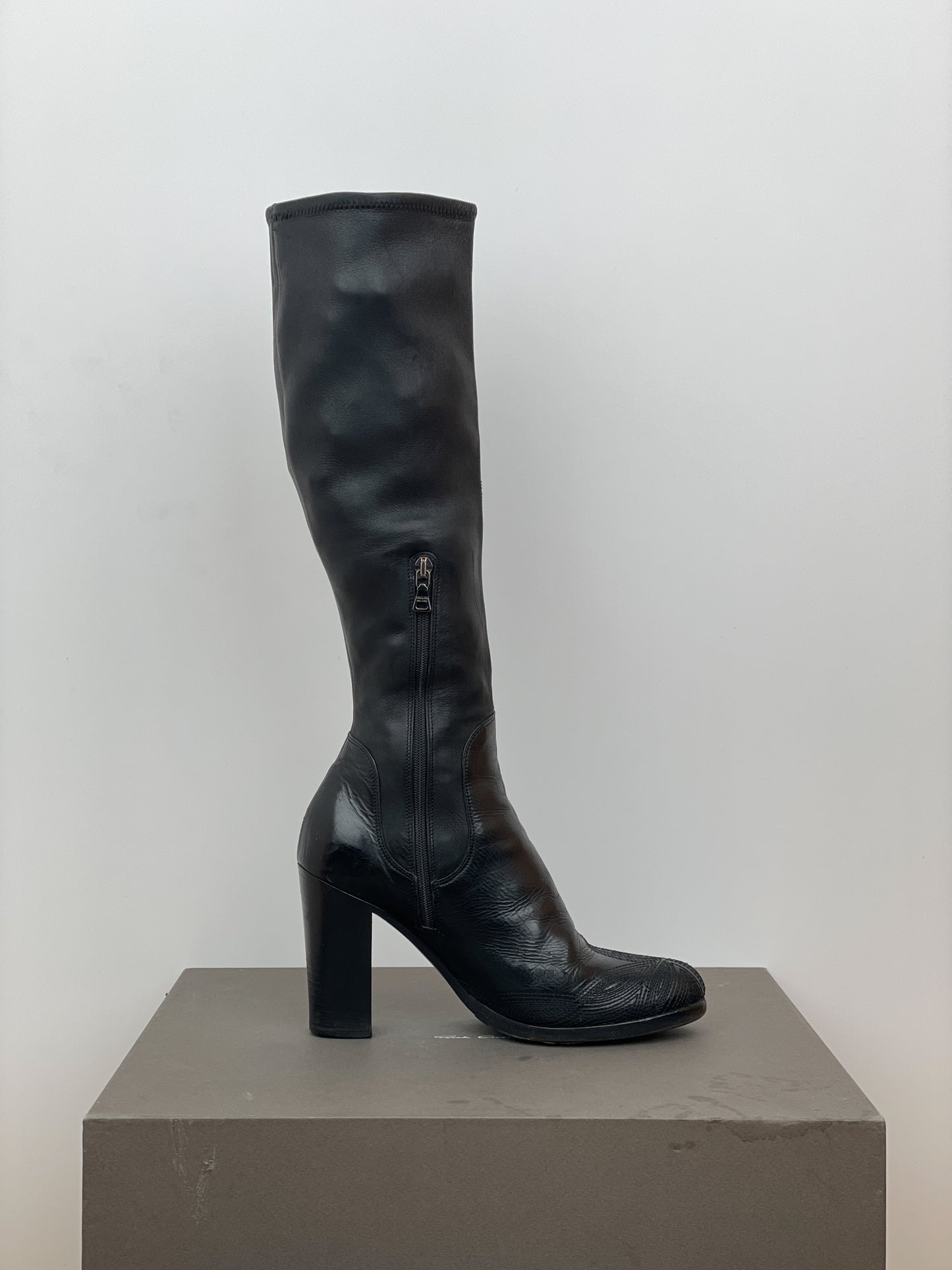 Prada AW06 Knee-High Embroidered Leather Heel Boots