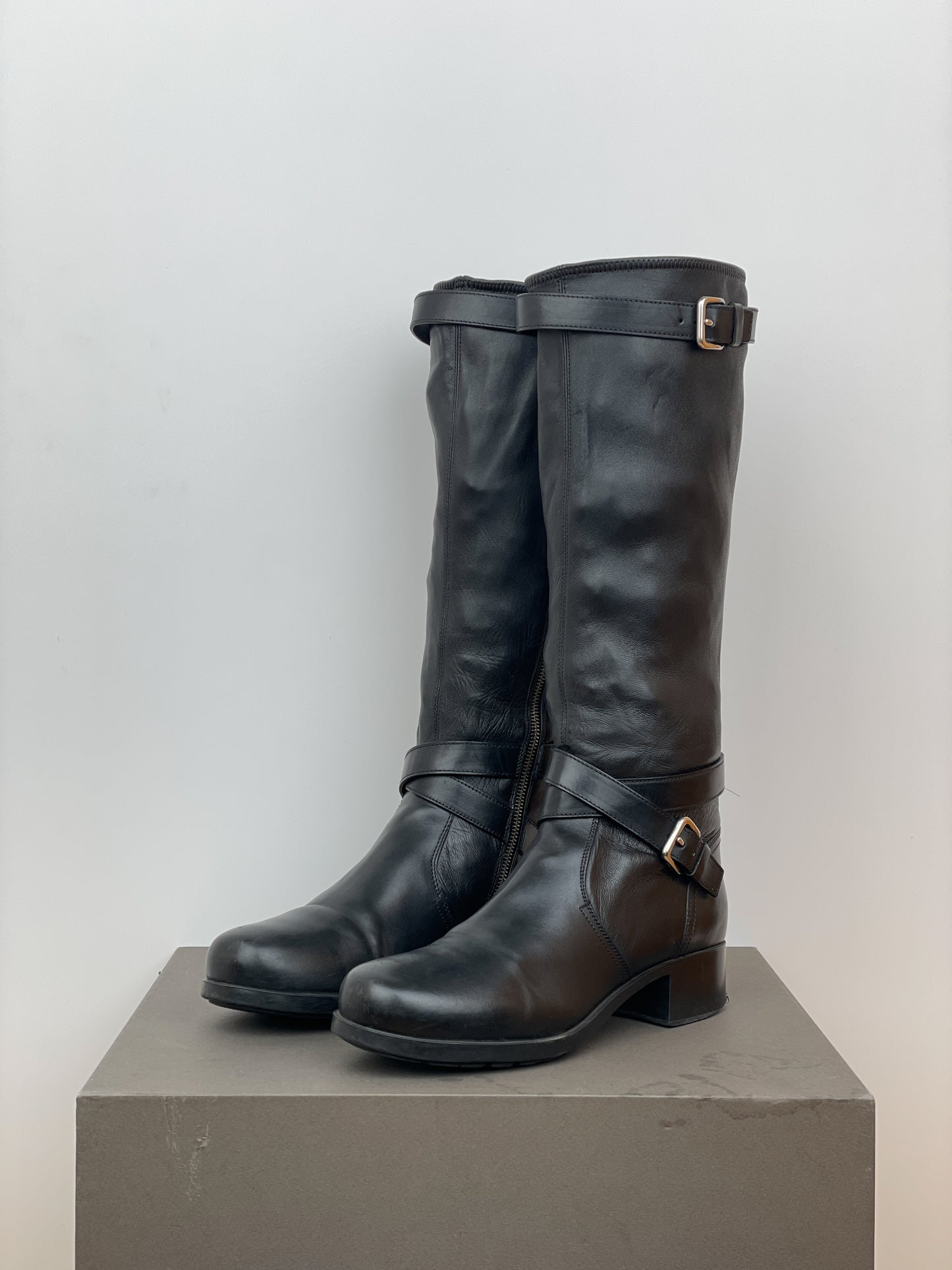 Prada 2000s Knee High Double-Buckle Riding Boots
