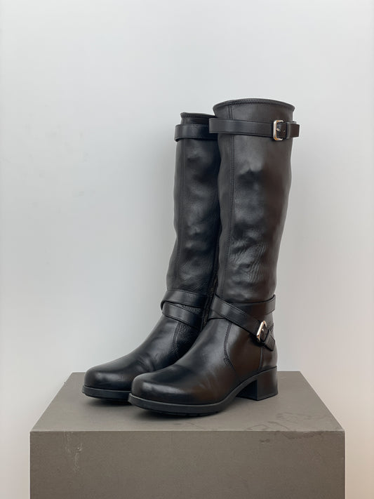 Prada 2000s Knee High Double-Buckle Riding Boots