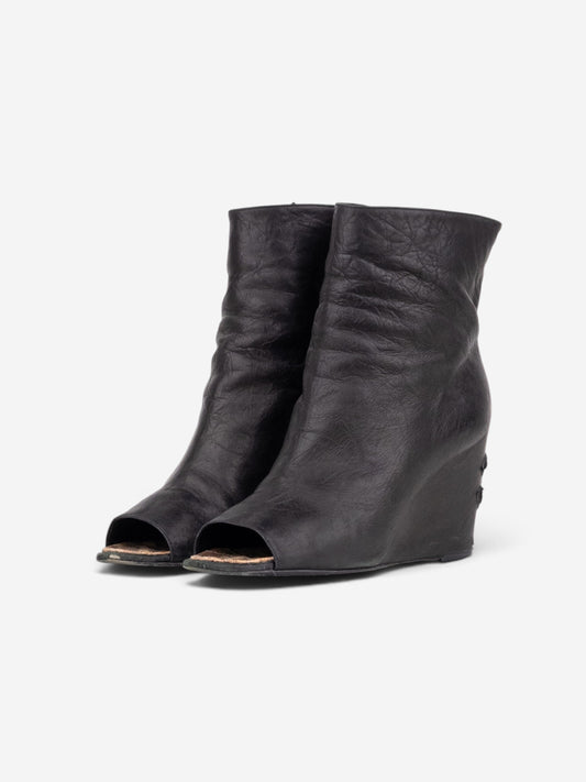 Chanel by Karl Lagerfeld 2010s Open Toe Logo Wedge Ankle Boots – front view