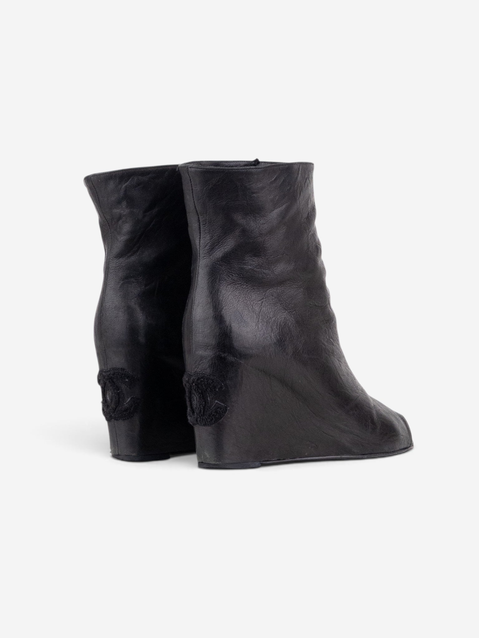 Chanel by Karl Lagerfeld 2010s Open Toe Logo Wedge Ankle Boots – side view