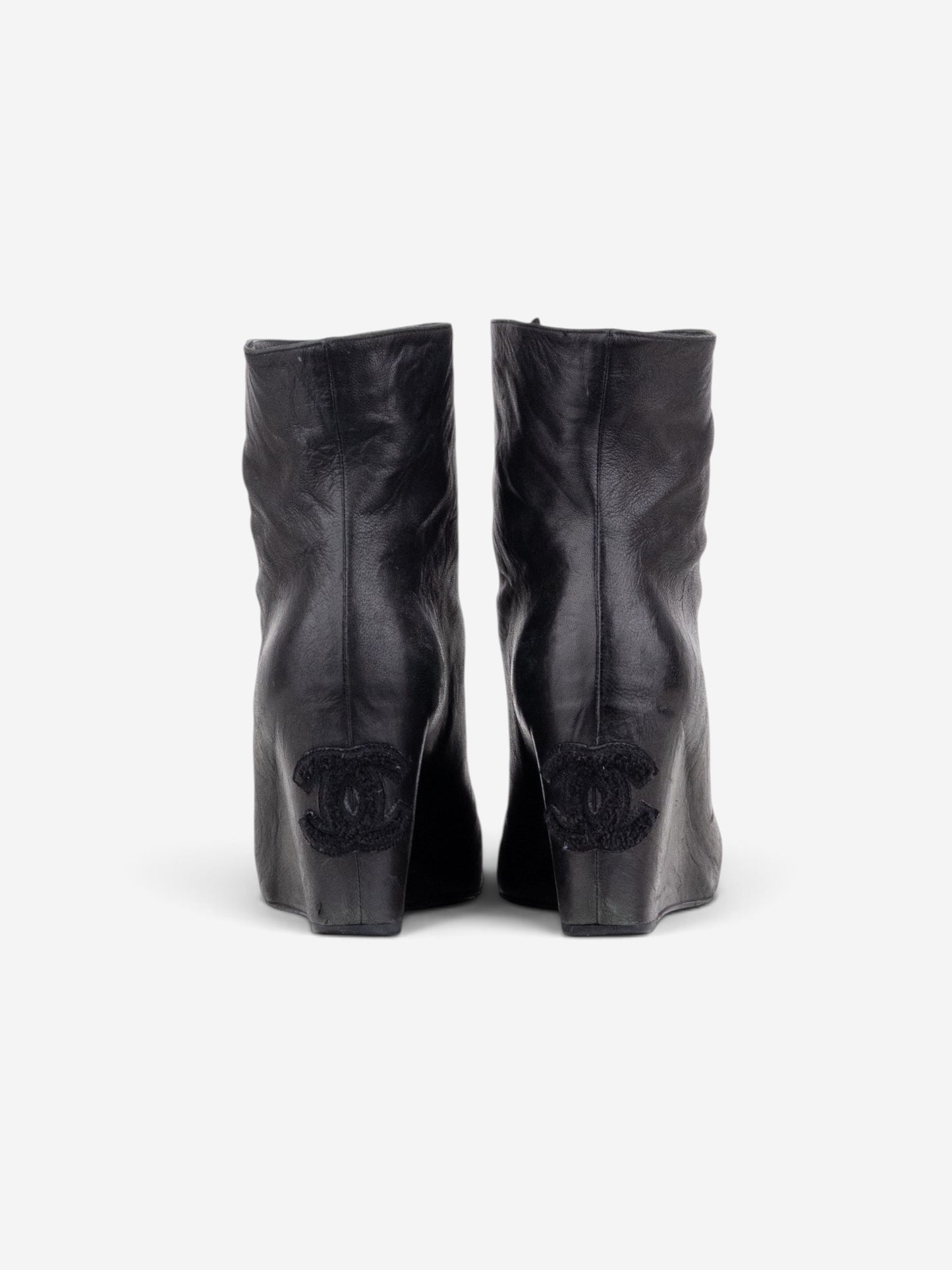 Chanel by Karl Lagerfeld 2010s Open Toe Logo Wedge Ankle Boots – side view