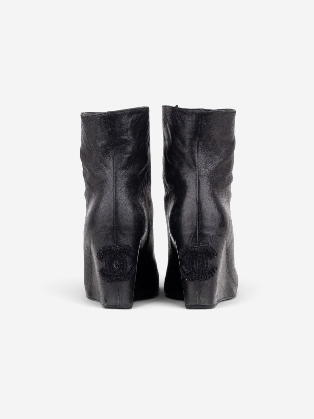 Chanel by Karl Lagerfeld 2010s Open Toe Logo Wedge Ankle Boots – side view