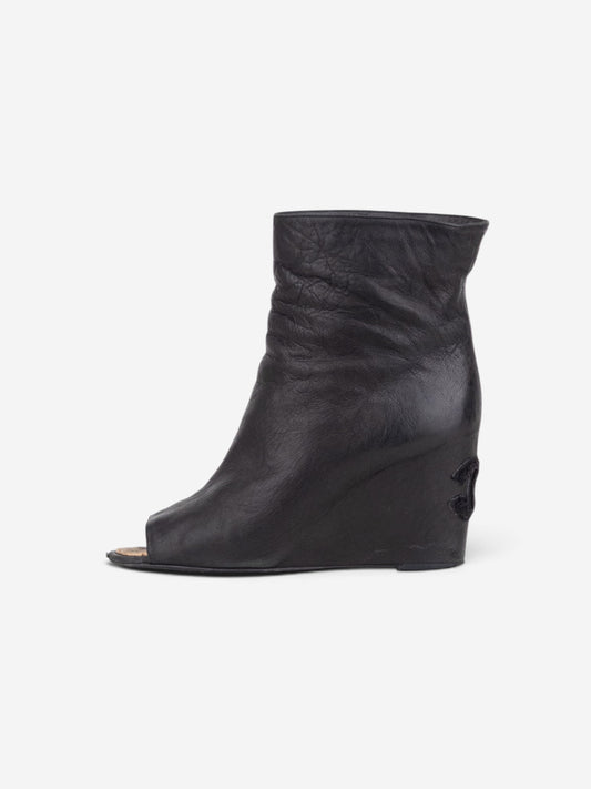Chanel by Karl Lagerfeld 2010s Open Toe Logo Wedge Ankle Boots – side view