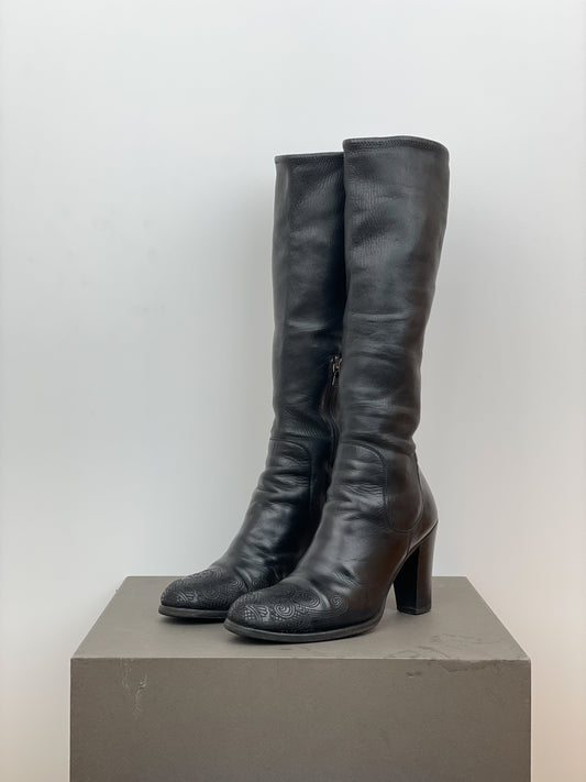 Prada AW06 Knee-High Embroidered Leather Heel Boots