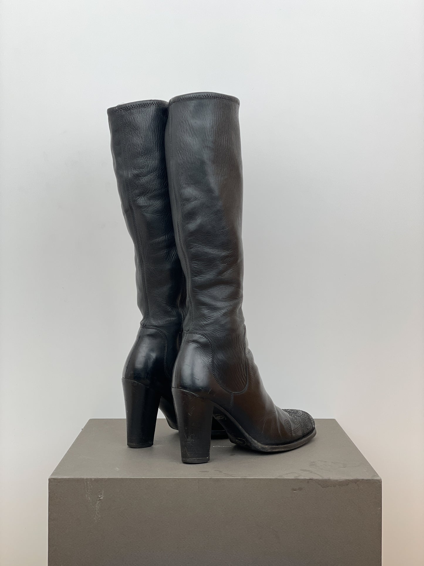 Prada AW06 Knee-High Embroidered Leather Heel Boots