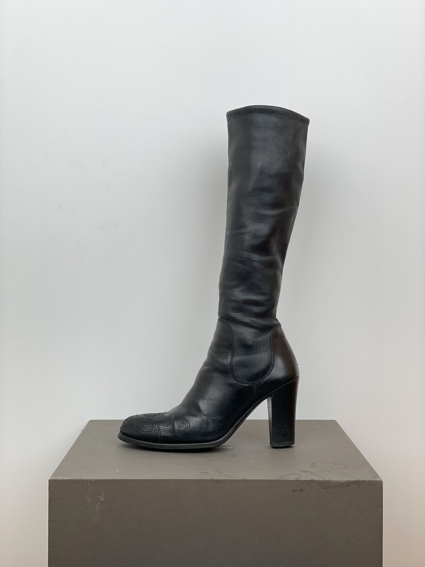 Prada AW06 Knee-High Embroidered Leather Heel Boots