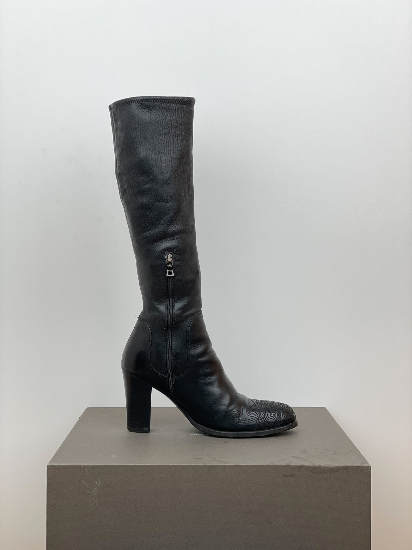 Prada AW06 Knee-High Embroidered Leather Heel Boots