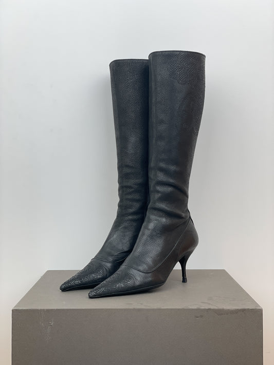 Prada AW06 Knee-High Embroidered Leather Kitten-Heel Boots
