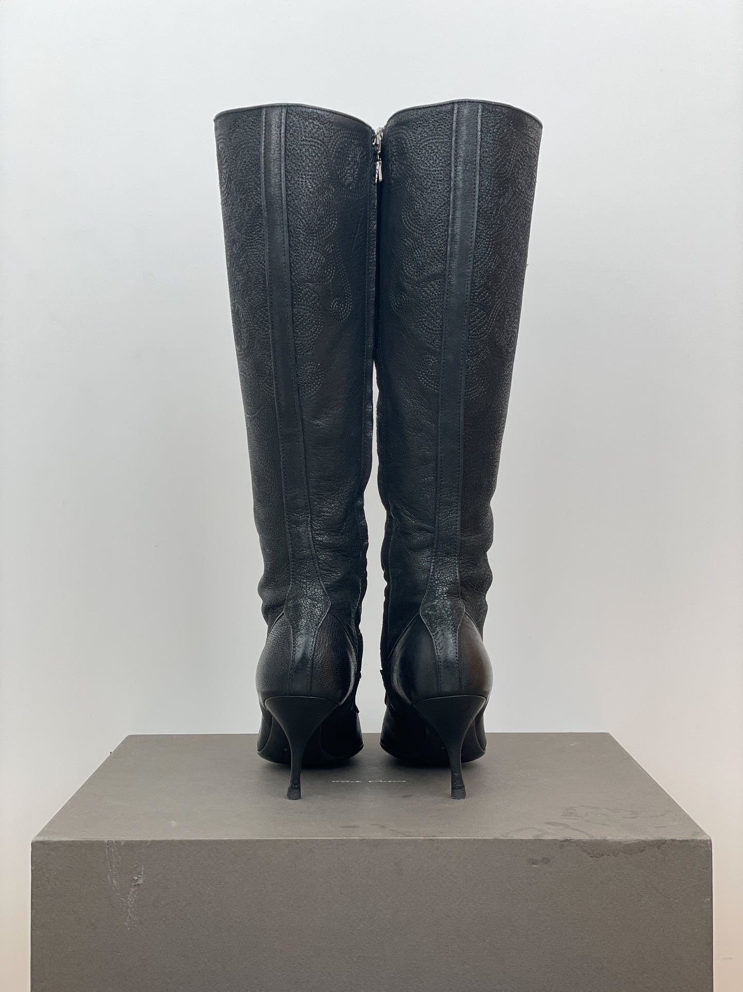 Prada AW06 Knee-High Embroidered Leather Kitten-Heel Boots