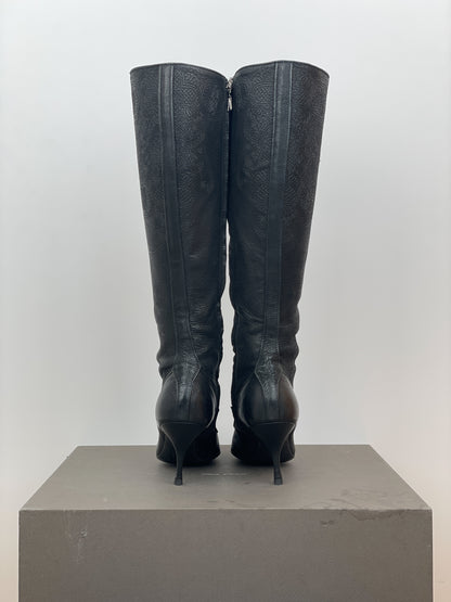 Prada AW06 Knee-High Embroidered Leather Kitten-Heel Boots
