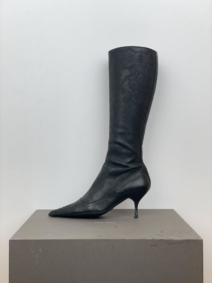 Prada AW06 Knee-High Embroidered Leather Kitten-Heel Boots