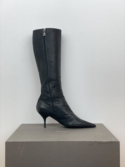Prada AW06 Knee-High Embroidered Leather Kitten-Heel Boots