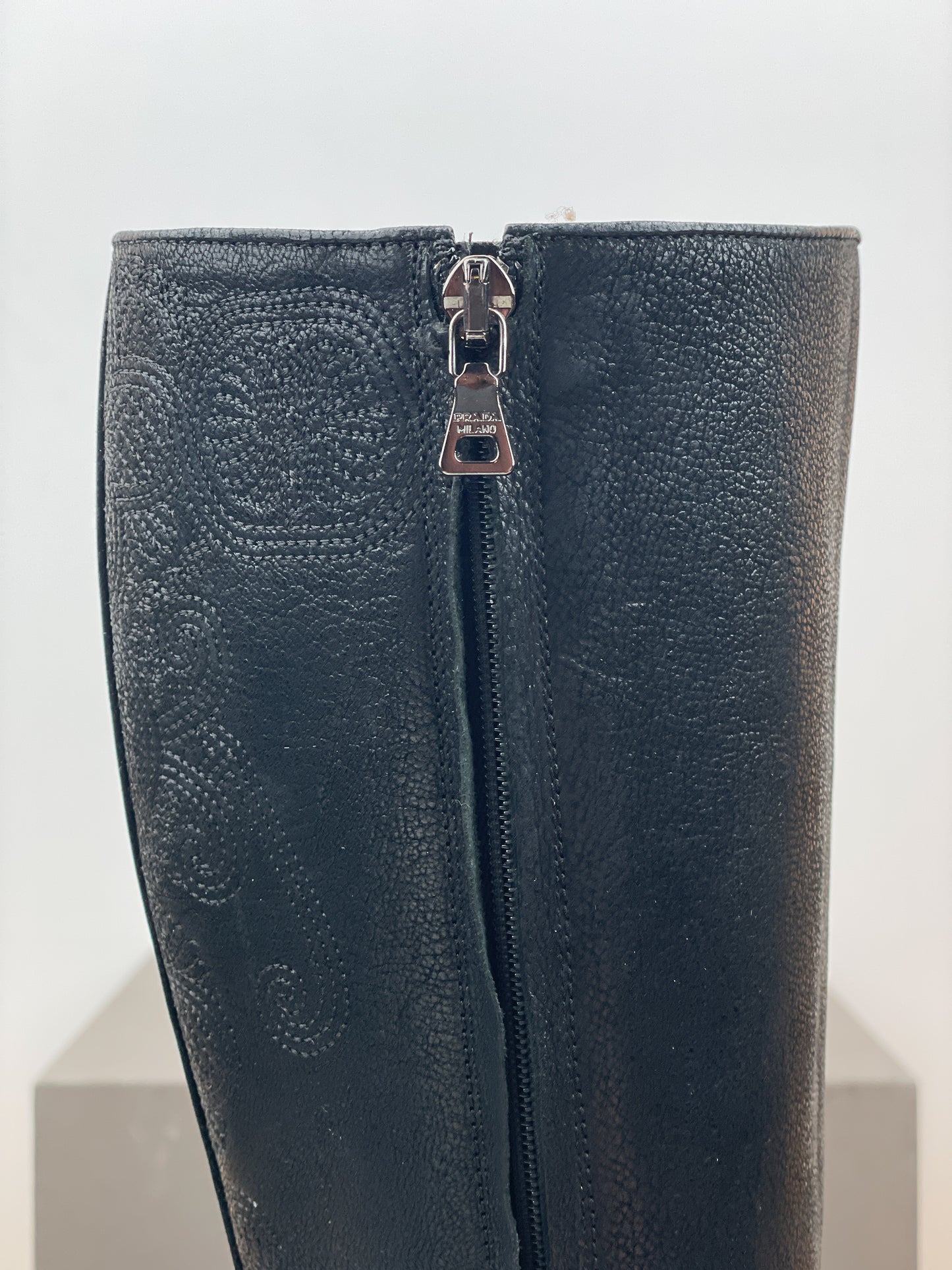 Prada AW06 Knee-High Embroidered Leather Kitten-Heel Boots