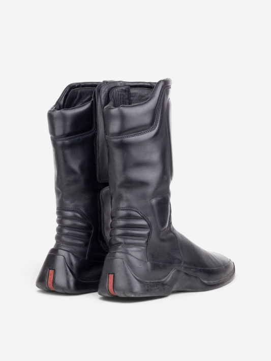 Prada AW99 Mid Calf Square Toe Astro Moto Biker Boots – back view