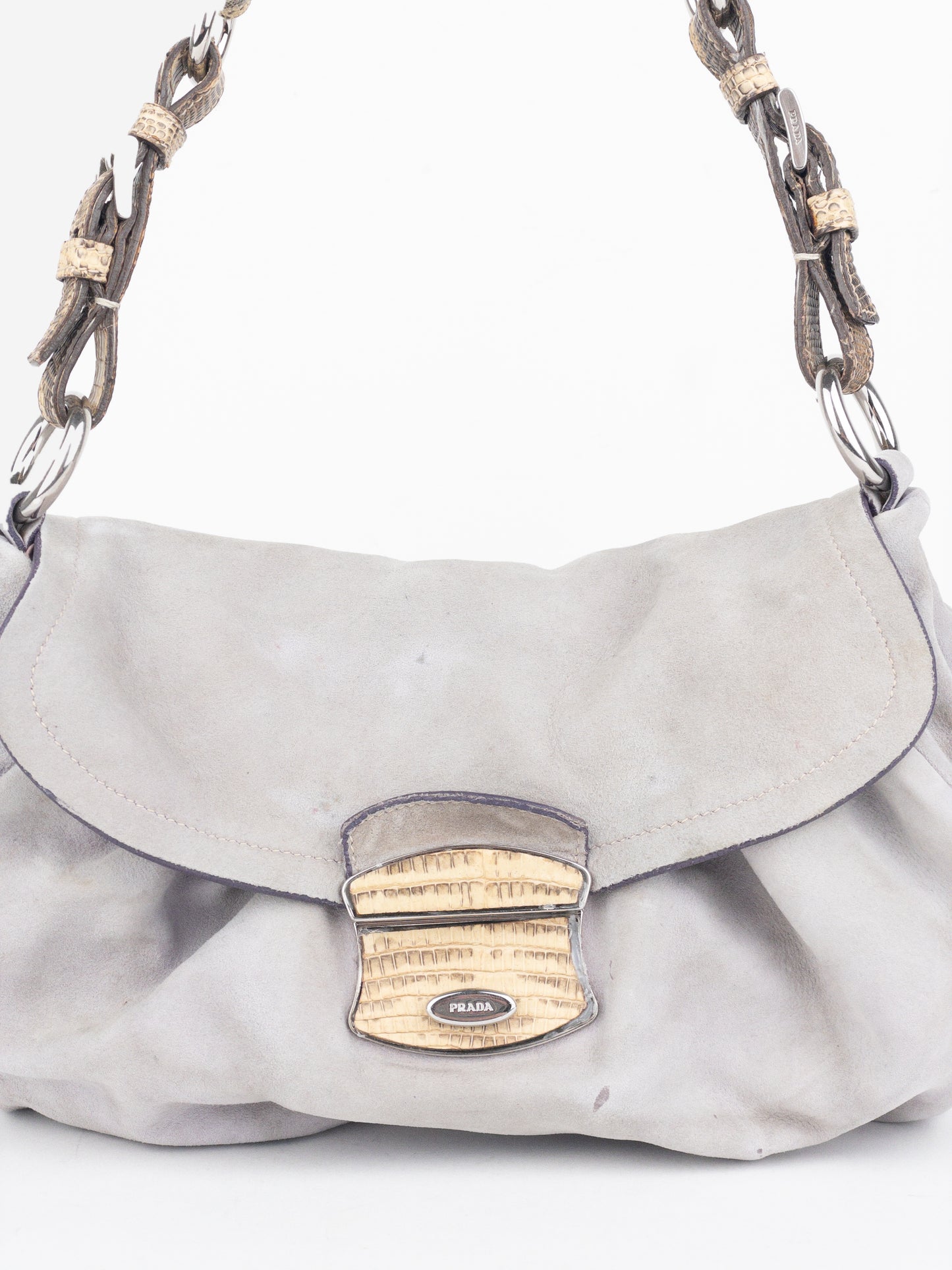 Prada 2000s Suede Lizard Buckle Hobo Shoulder Bag