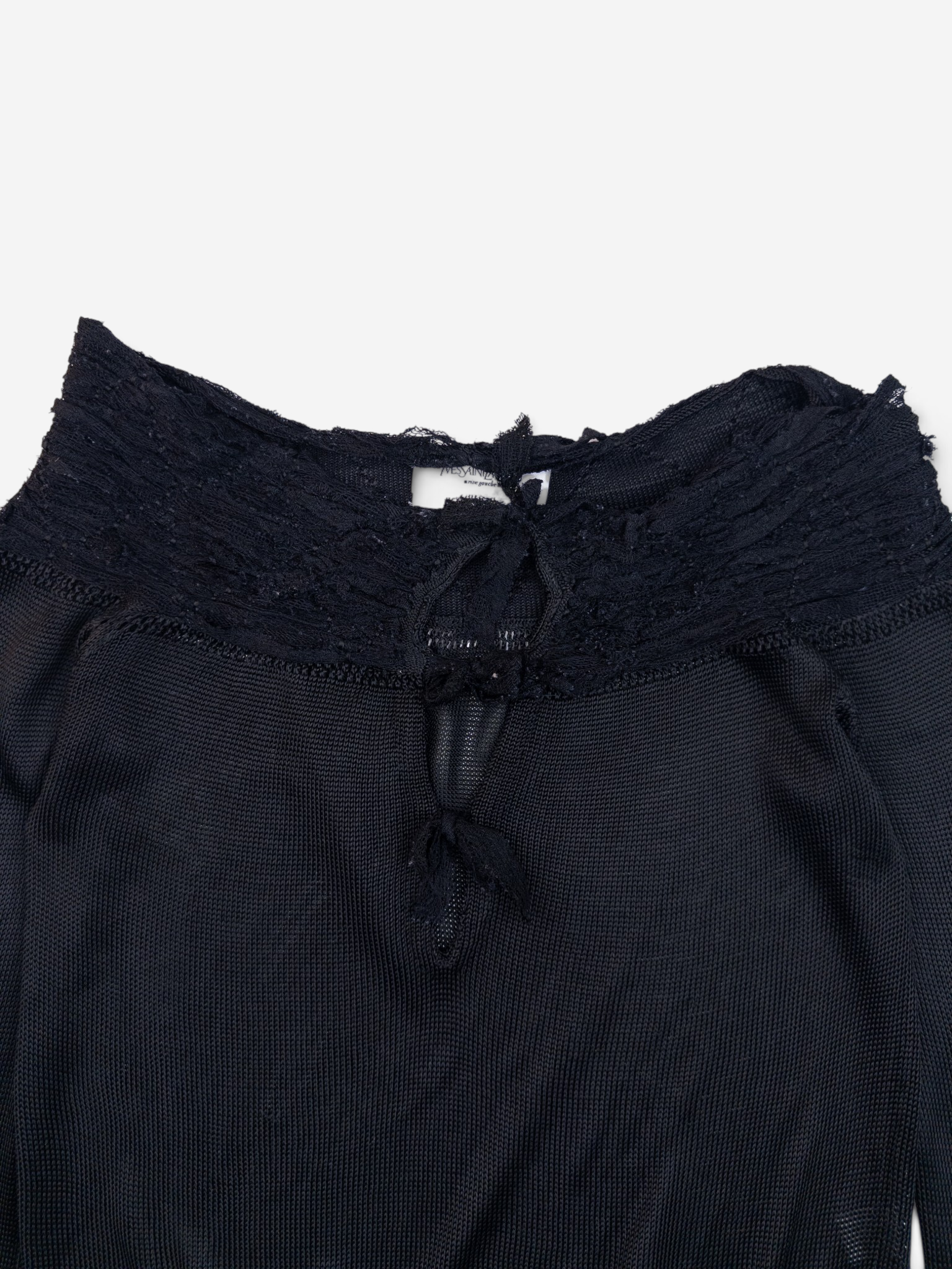 YSL Rive Gauche by Tom Ford 2000s Ruched Lace Knit Longsleeve Top – neckline detail
