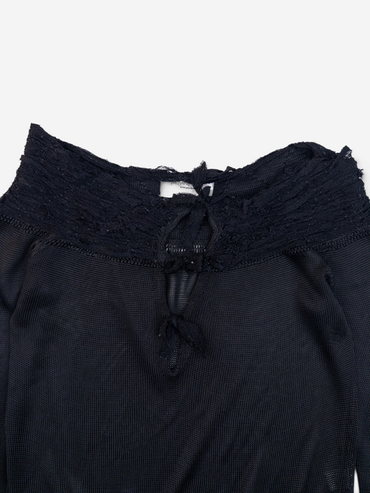 YSL Rive Gauche by Tom Ford 2000s Ruched Lace Knit Longsleeve Top – neckline detail