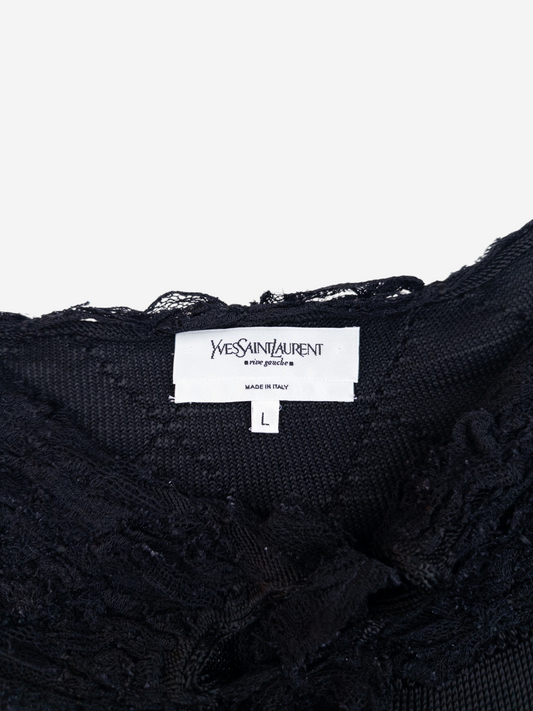 YSL Rive Gauche by Tom Ford 2000s Ruched Lace Knit Longsleeve Top – brand label