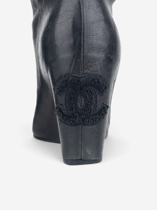 Chanel by Karl Lagerfeld 2010s Open Toe Logo Wedge Ankle Boots – detail view