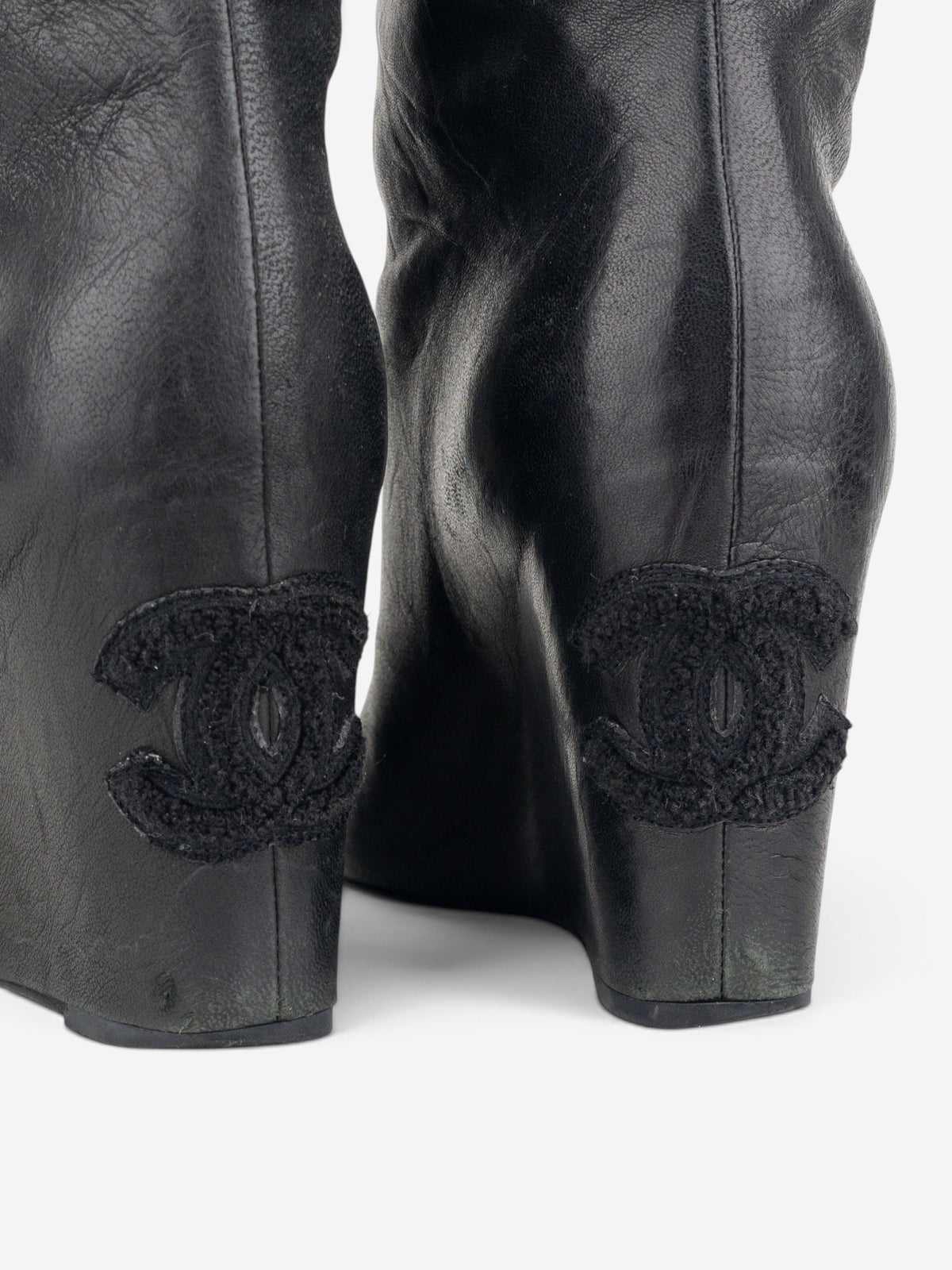 Chanel by Karl Lagerfeld 2010s Open Toe Logo Wedge Ankle Boots – detail view