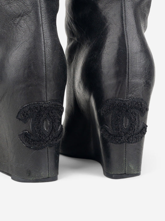 Chanel by Karl Lagerfeld 2010s Open Toe Logo Wedge Ankle Boots – detail view