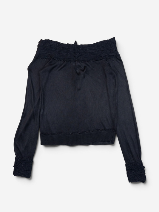 YSL Rive Gauche by Tom Ford 2000s Ruched Lace Knit Longsleeve Top – back view