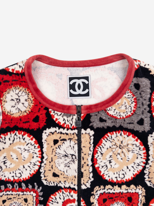 Chanel by Karl Lagerfeld SS09 Sports CC Logo Patchwork Print Zipper Jacket – collar detail