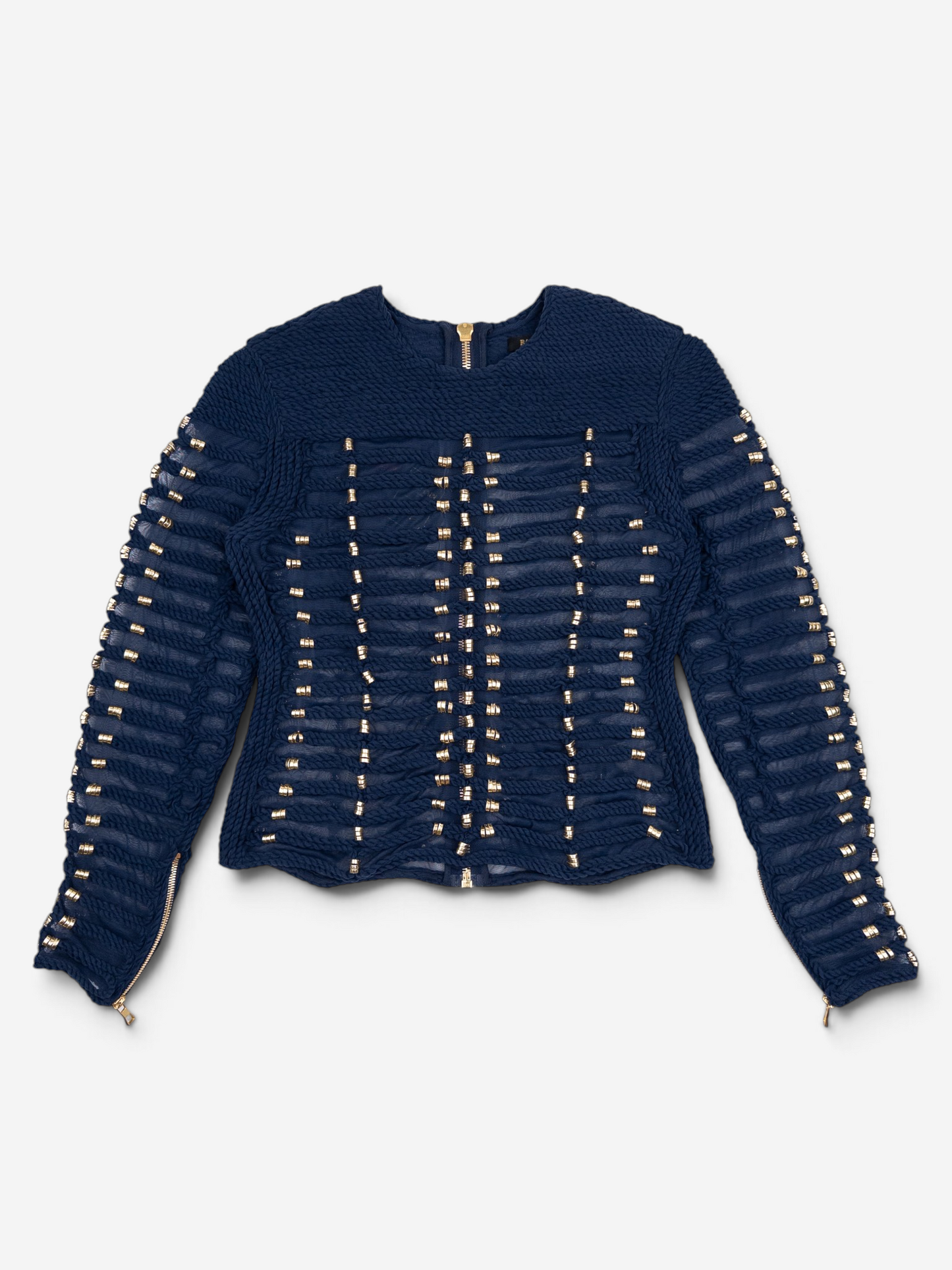 Balmain x H&M SS15 Rope Emboridered Navy Longsleeve Blouse – front view