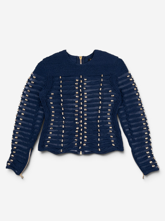 Balmain x H&M SS15 Rope Emboridered Navy Longsleeve Blouse – front view