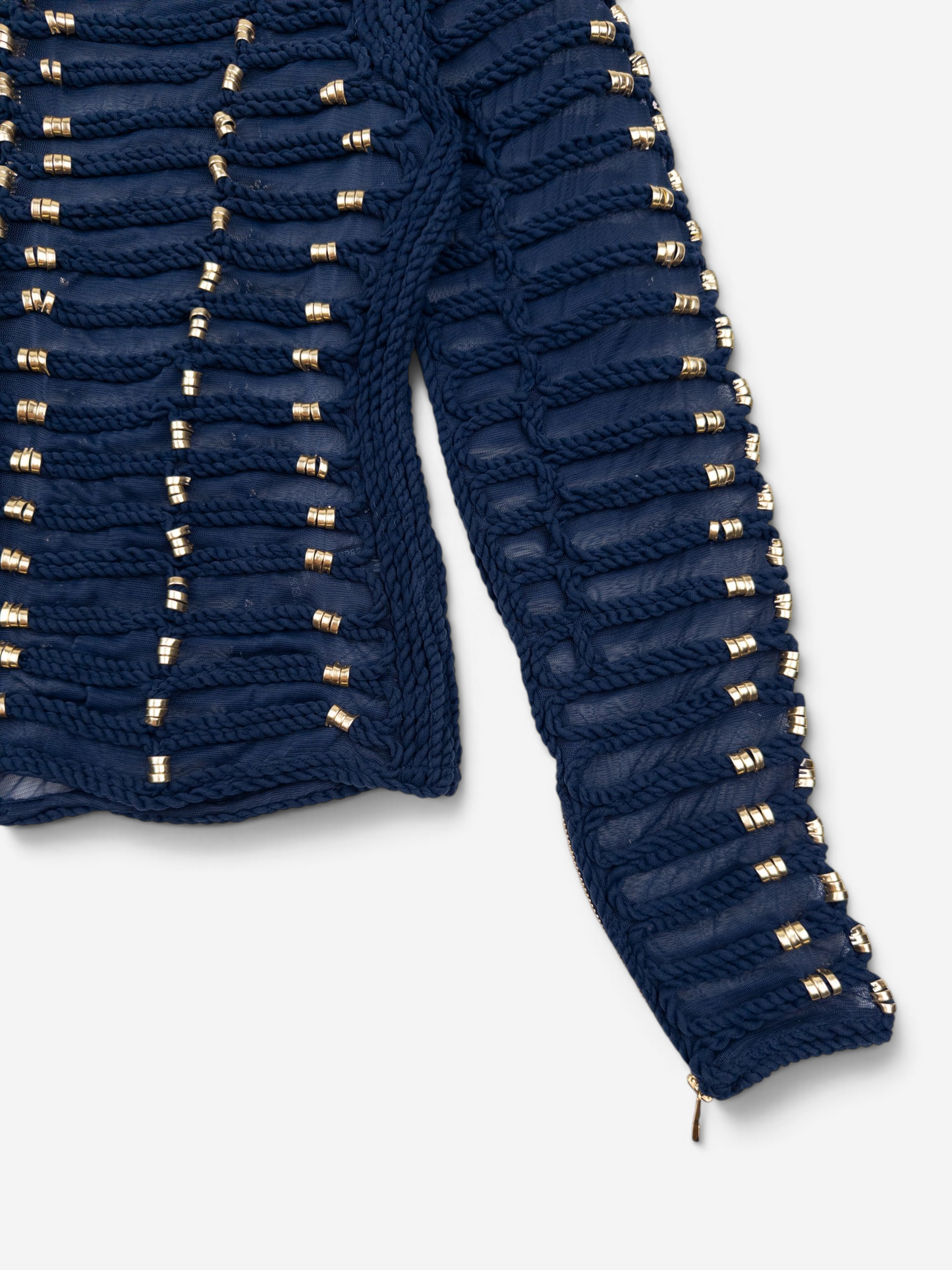 Balmain x H&M SS15 Rope Emboridered Navy Longsleeve Blouse – sleeve detail