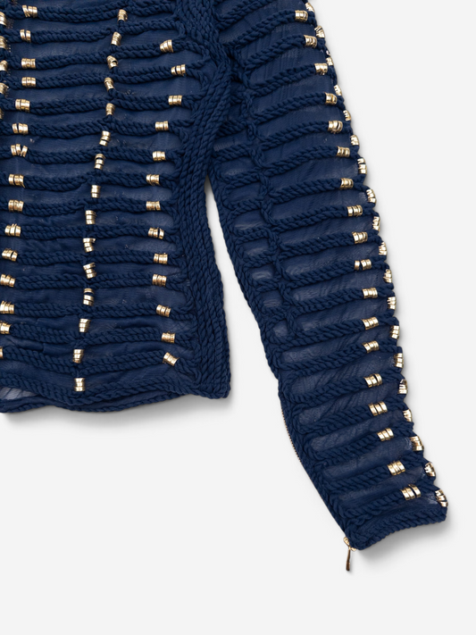 Balmain x H&M SS15 Rope Emboridered Navy Longsleeve Blouse – sleeve detail