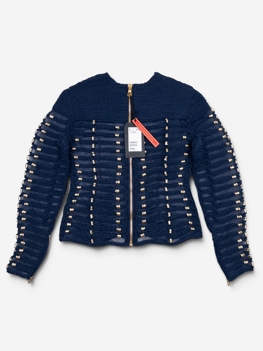 Balmain x H&M SS15 Rope Emboridered Navy Longsleeve Blouse – styled view