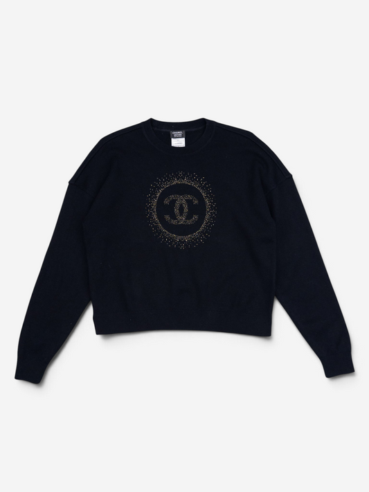 Chanel by Karl Lagerfeld 2010s CC Glitter Logo Knit Sweater – front view