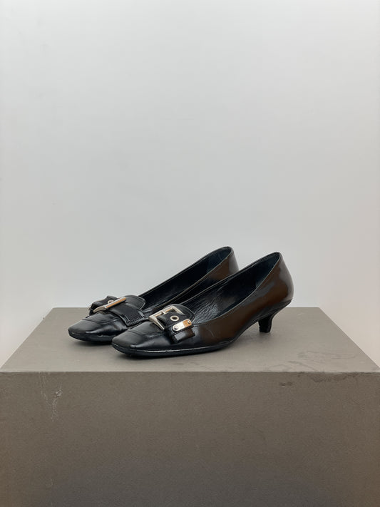 Prada 2000s Square Toe Buckle-Strap Pump Kitten Heels